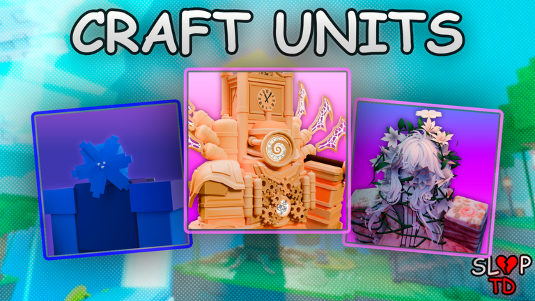 Official Slop Tower Defense artwork: cyan backdrop, purple unit cards and Roblox characters